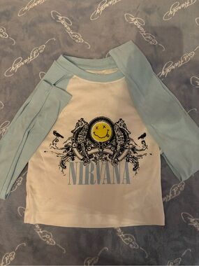 NIRVANA Raglan Tee with Yellow Smiley and Light Blue Sleeves